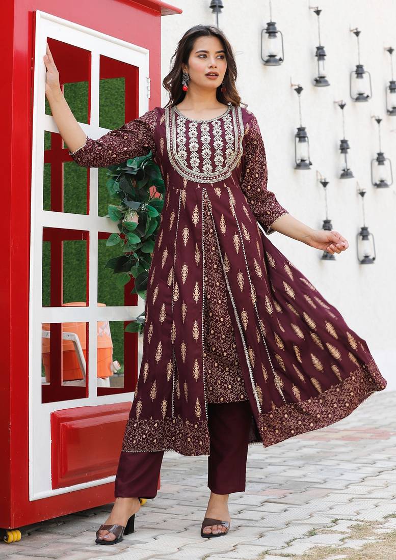 light wine rayon printed embroidered anarkali kurta pant set