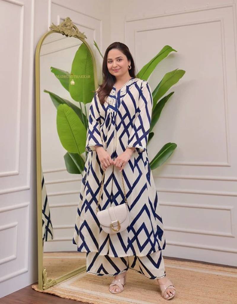 cream blue rayon printed a line kurta with pant set