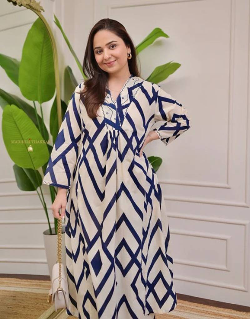 cream blue rayon printed a line kurta with pant set