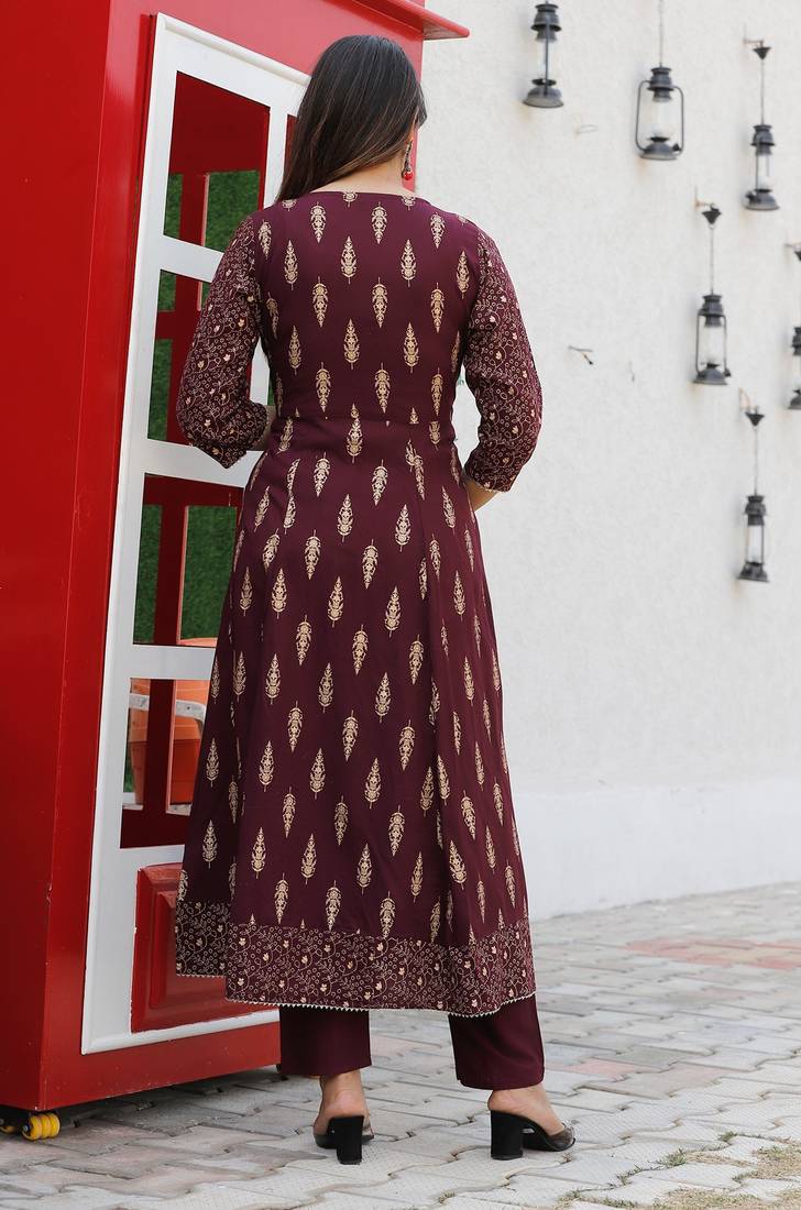 light wine rayon printed embroidered anarkali kurta pant set