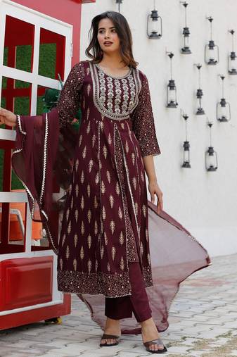 Anarkali rayon printed embroidered kurta pant and dupatta set for women and girls
