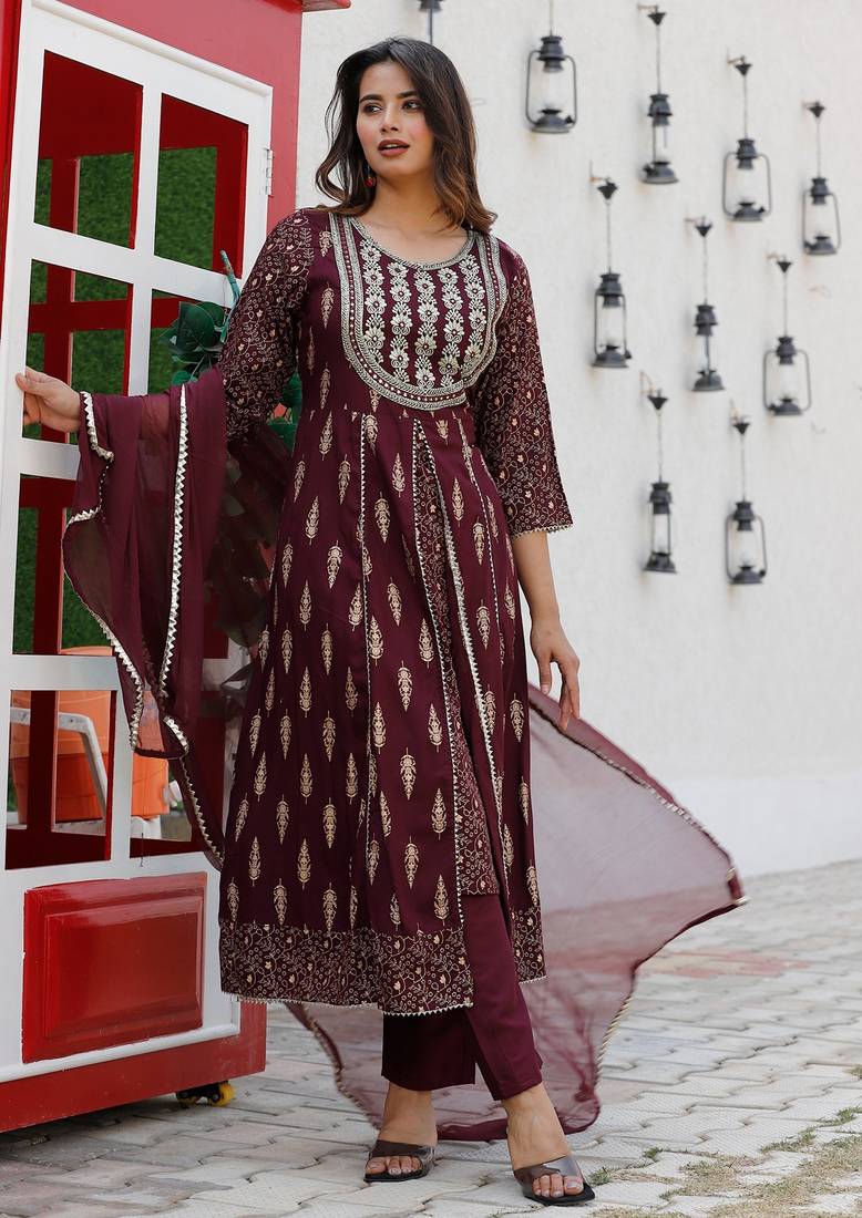 Anarkali rayon printed embroidered kurta pant and dupatta set for women and girls
