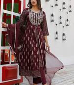 light wine rayon printed embroidered anarkali kurta pant set
