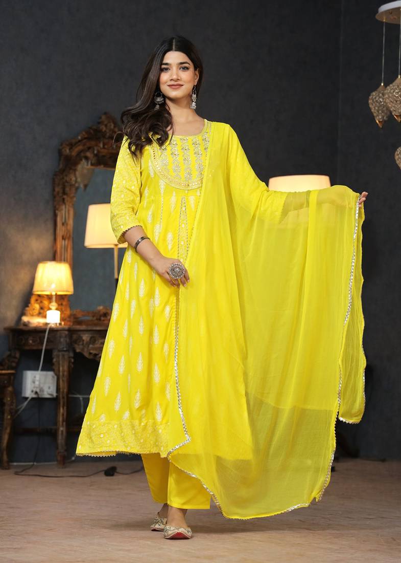 light yellow rayon printed embroidered anarkali kurta pant set