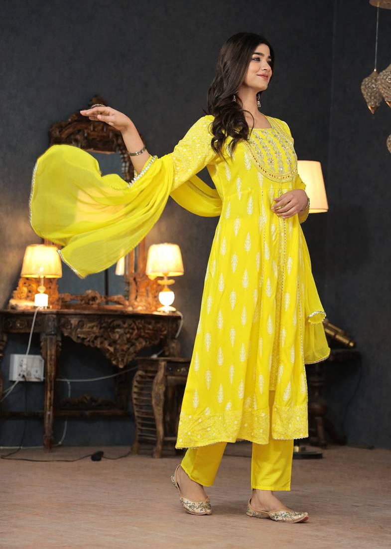 light yellow rayon printed embroidered anarkali kurta pant set