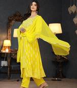 light yellow rayon printed embroidered anarkali kurta pant set