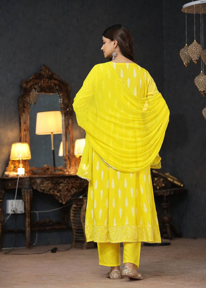 light yellow rayon printed embroidered anarkali kurta pant set