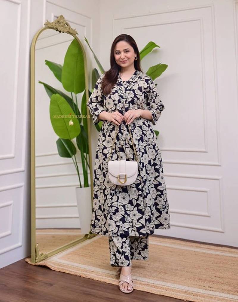 A-line rayon printed kurta with pant for women and girls ethnic wear