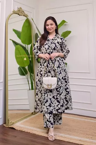 A-line rayon printed kurta with pant for women and girls ethnic wear