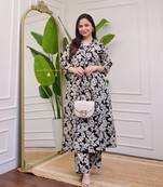 black rayon floral print a line kurta pant set for women