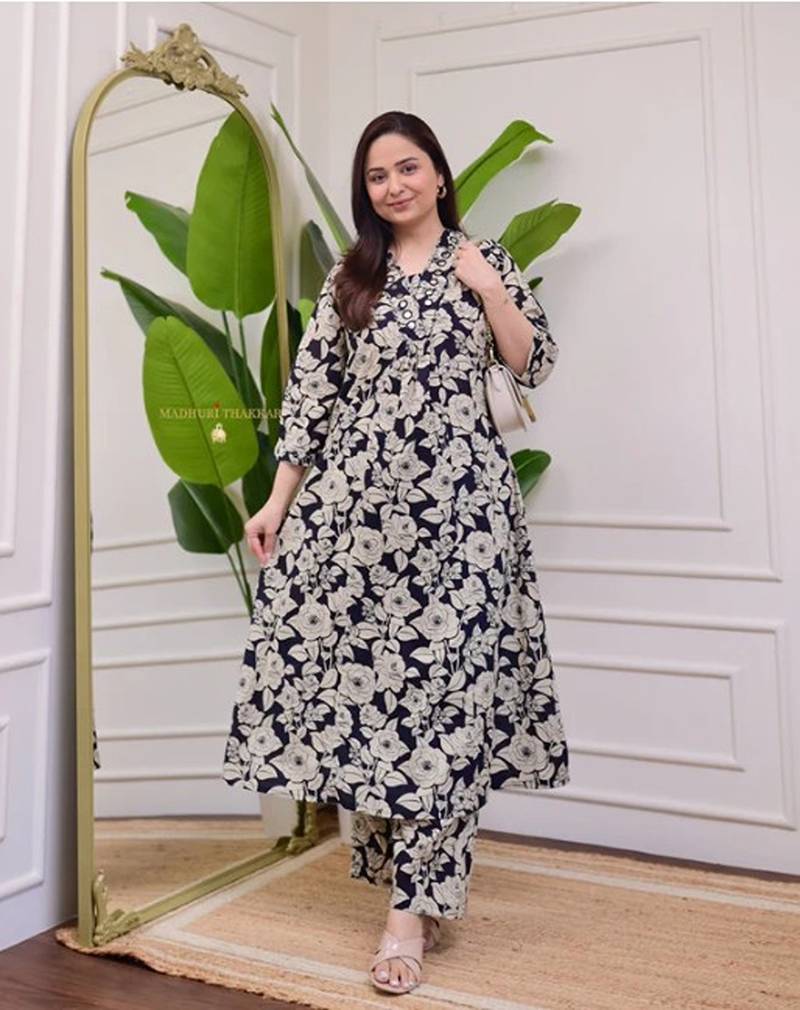 black rayon floral print a line kurta pant set for women