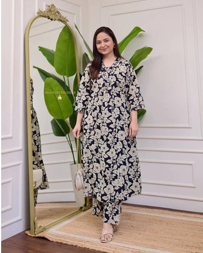 black rayon floral print a line kurta pant set for women