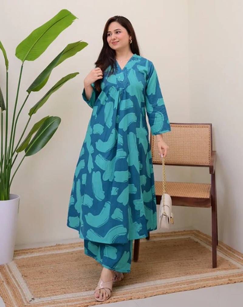 blue rayon printed a line kurta with pant set