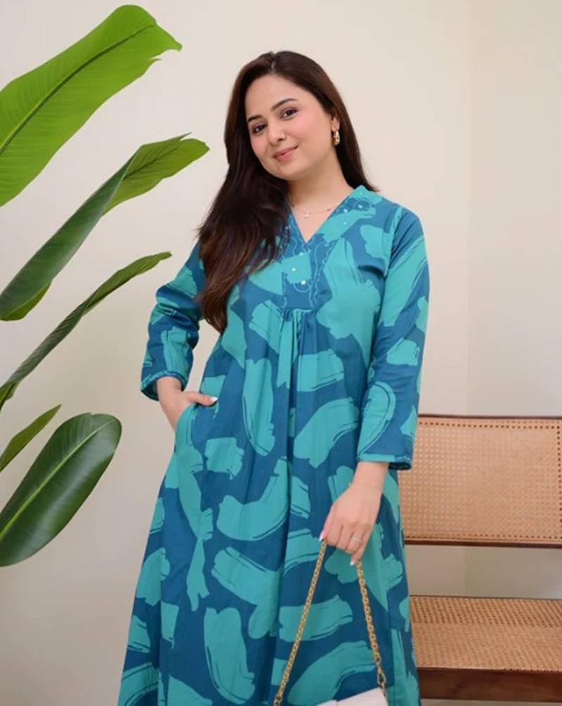 blue rayon printed a line kurta with pant set