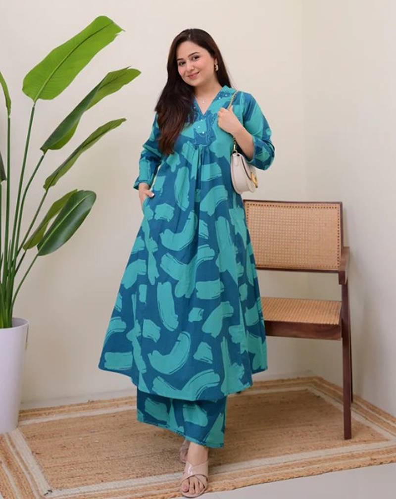 A-line rayon printed kurta with pant for women and girls ethnic wear