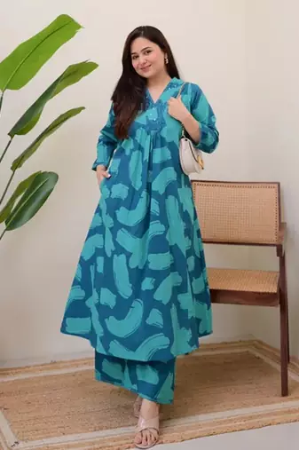 A-line rayon printed kurta with pant for women and girls ethnic wear
