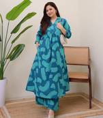 blue rayon printed a line kurta with pant set