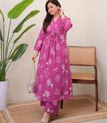 pink rayon floral printed a line kurta with pant set