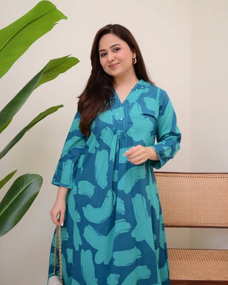 blue rayon printed a line kurta with pant set