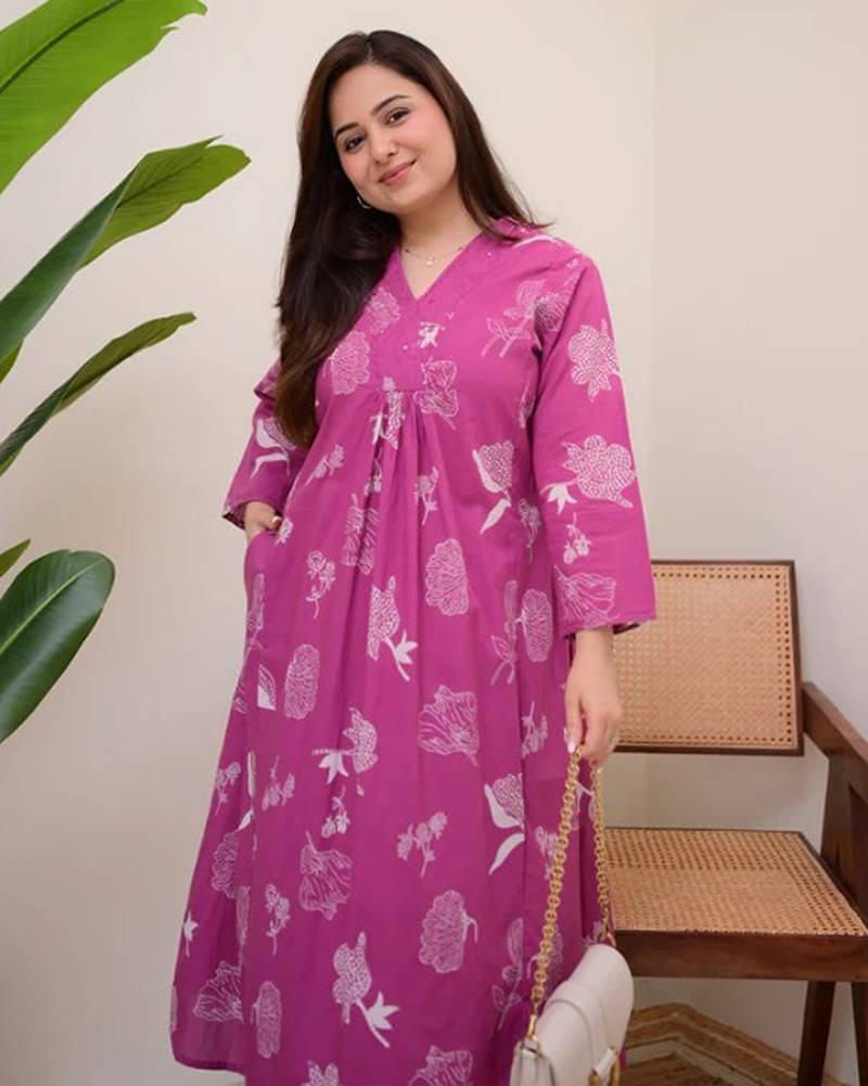 pink rayon floral printed a line kurta with pant set