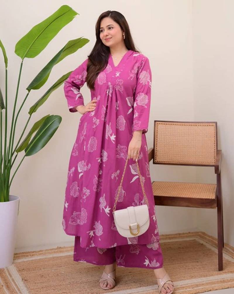 pink rayon floral printed a line kurta with pant set