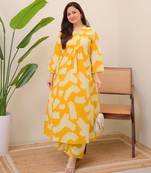 light yellow rayon printed a line kurta with pant set