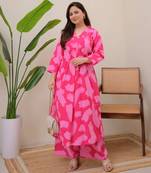 pink rayon printed a line kurta with pant set