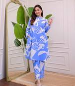 light sky blue rayon printed a line kurta pant set