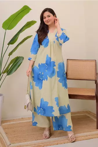 A-line rayon printed kurta with pant for women and girls ethnic wear