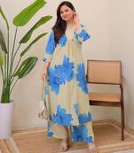 blue a line rayon floral printed kurta pant set for women	