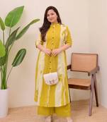 light yellow a line rayon printed kurta with pant set for women