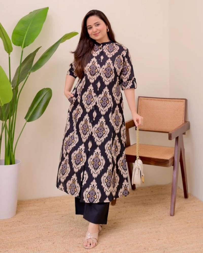 A-line rayon printed kurta with pant for women and girls ethnic wear