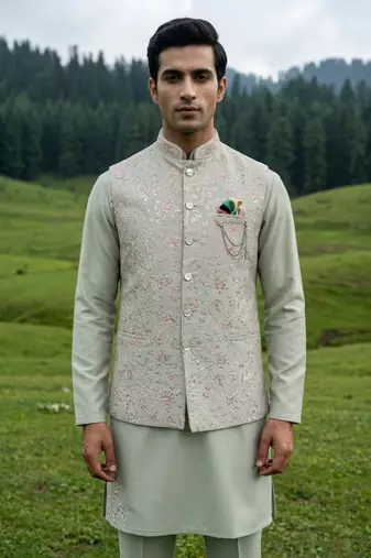 pista green silk mens jacket kurta set with thread sequins