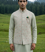 pista green silk mens jacket kurta set with thread sequins