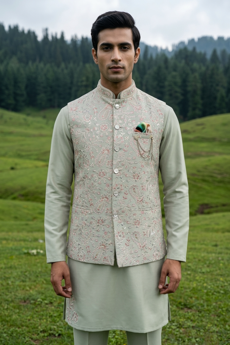 pista green silk mens jacket kurta set with thread sequins