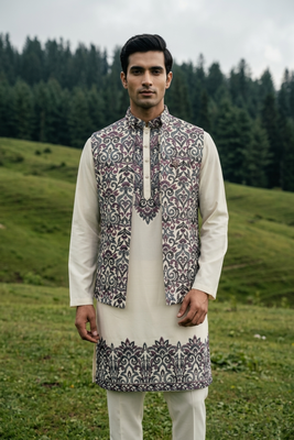 off white silk men's kurta jacket set with sequins work 1
