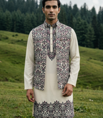 off white silk men's kurta jacket set with sequins work