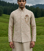 gold silk mens kurta jacket set with thread sequins