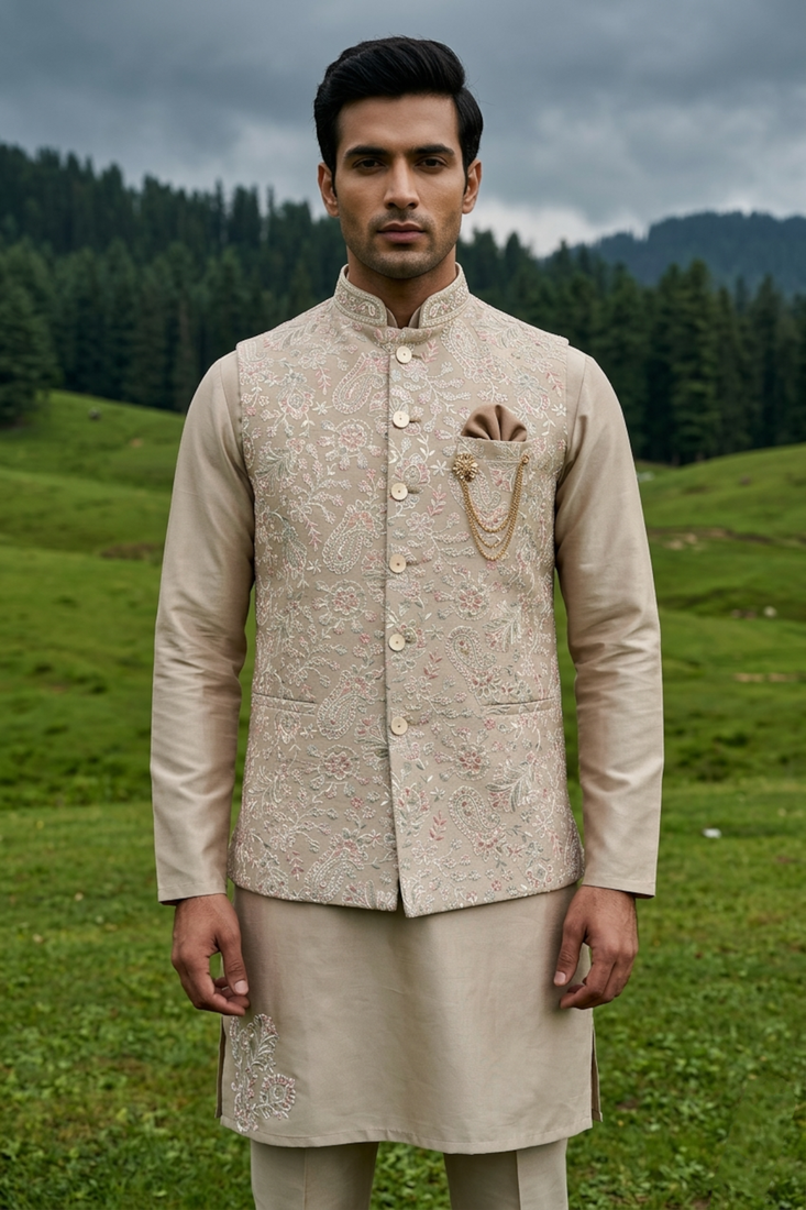 gold silk mens kurta jacket set with thread sequins