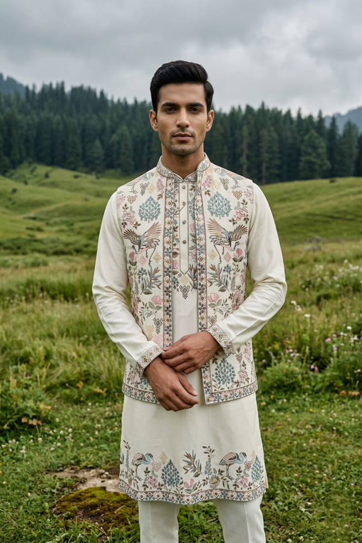 off white silk kurta jacket set with embroidery