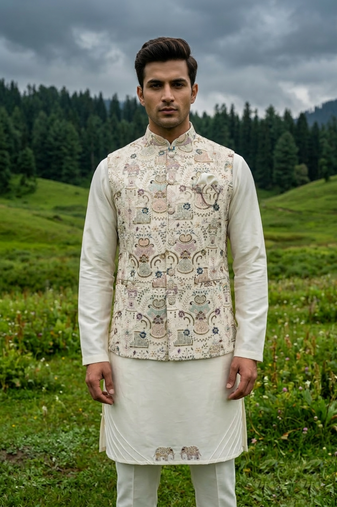 cream silk kurta jacket set with embroidery