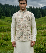 cream silk kurta jacket set with embroidery
