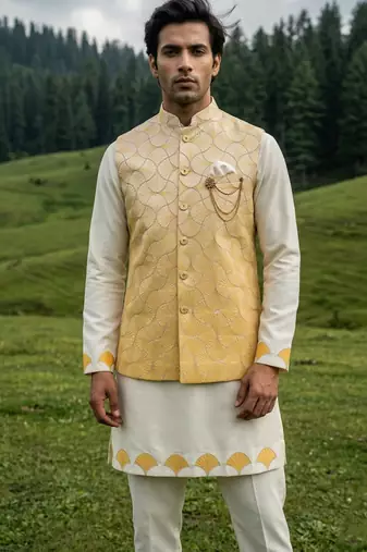 ivory silk kurta set with yellow embroidery jacket