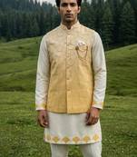 ivory silk kurta set with yellow embroidery jacket