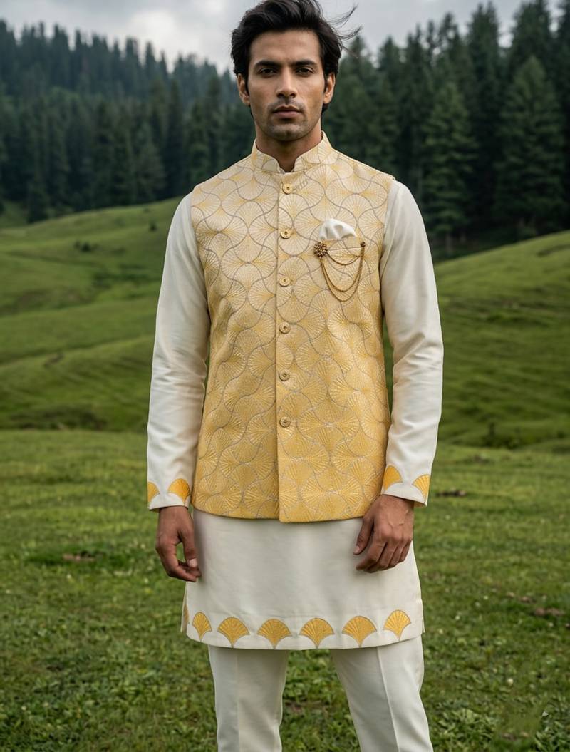 ivory silk kurta set with yellow embroidery jacket