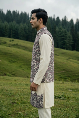off white silk men's kurta jacket set with sequins work 2