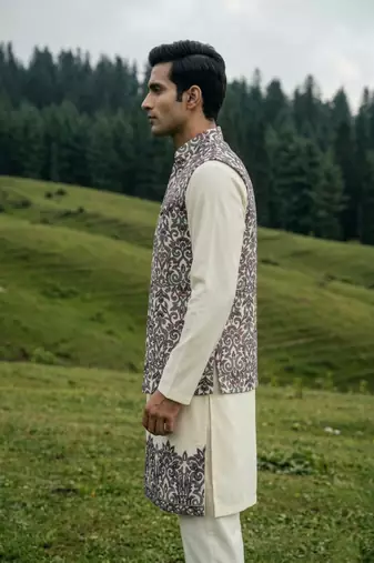 off white silk men's kurta jacket set with sequins work