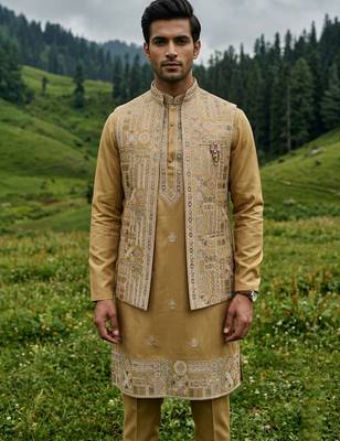 mustard silk kurta jacket set with embroidery 1