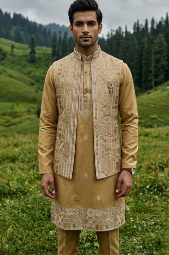 mustard silk kurta jacket set with embroidery
