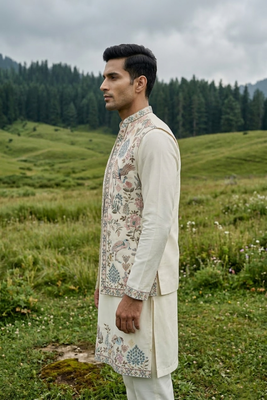 off white silk kurta jacket set with embroidery 2